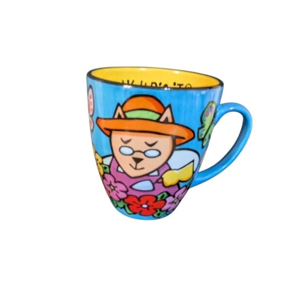 House Kats By Nolan Ceramic Mug "Can You Dig It?" Catnip Design Blue & Yellow 3. - Picture 2 of 9